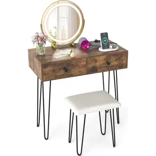 COSTWAY Schminktisch Frisiertisch mit 3 Farbe dimmbarem LED Spiegel, gepolsterter Hocker, 2 Schubladen & Steckdosen, Kosmetiktisch 80x40x76cm - Braun