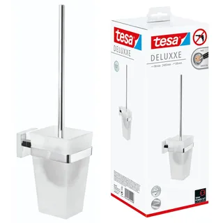 Tesa DELUXXE Toilettenbürsten-Set, verchromt, mit satiniertem Glas - zur Wandbefestigung ohne Bohren, inkl. leistungsstarker Klebelösung - 98mm x 445mm x 138mm