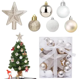 30 Stück Mini Weihnachtskugeln mit Aufhänger 3cm Klein Weihnachtsdeko Kugeln Set mit Stern Glitzer Gold Weiß für Weihnachtstbaum Deko