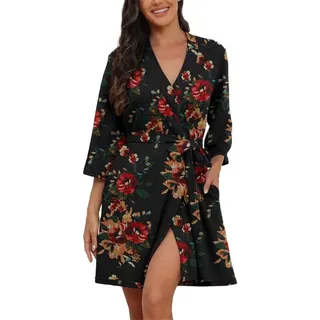 PrinStory Bademäntel für Damen, Waffelmuster, kurzer Bademantel, Dreiviertelärmel, Kimono-Bademantel, lässiger Reisebademantel, Sauna-Bademantel, Loungewear (Blumenmuster, Rotbraun, Schwarz, Größe M)