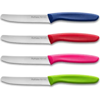 Ruffulon Tafelmesser 4 Stück,Frühstücksmesser mit Wellenschliff,Messerset Scharfe,Mehrfarbig Messer Set,Kunststoffgriff Tomatenmesser,Brotmesser Klein,Rostfreier Stahl,Bunte Jausenmesser