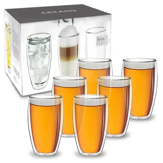 Creano doppelwandiges Thermoglas 400ml „DG-SH“, großes Doppelwandglas aus Borosilikatglas, doppelwandige Latte Macchiato Gläser, Kaffee, Tee, 6er Set