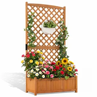 FANTASK Spalier mit Rankgitter & Drainageloch, Pflanzkasten mit Blumenkasten aus Tannenholz, Hochbeet Gartenspalier Rankkasten, Gelb