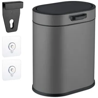 Relaxdays Mülleimer Grau hängend 5 l Push Up Deckel , Metall, Kunststoff , Oval , 24x29.5x19.5 cm , Badaccessoires, Abfalleimer