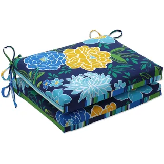 Pillow Perfect Eckstuhl-Sitzkissen, wendbar, Blumenmuster, gestreift, mit Bändern, Plüschfaser-Füllung, Wetter- und lichtbeständig, 40,6 x 47 cm, blau/gelb, Frühlingsbling, 2 Stück