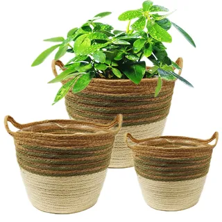 KMERCE 3Pcs Pflanzenkorb seegras, übertopf Boho, Blumentopf Geflochten, dekorativ übertöpfe Korb für zimmerpflanzen, mit wasserdichtem Kunststofffutter, 18cm, 22cm, 25cm Durchmesser