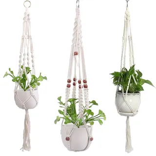 3x SET Premium Makramee Blumenampel 90cm Innen Außen Garten Blumentopf Halter Macrame Hängepflanzen Topf Balkondekoration Lounge Deco Blumen Ampel Balkon Wandbehang BOHO Pflanzenhänger Pflanzenampel