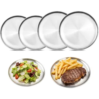 WATUNID 4 Stück Edelstahl Teller Set, Φ20/30cm Edelstahl Runden Geschirr, Barbecue Dish, Oval Platter, Fleisch Dish, Reisplatte, Silber Edelstahlteller für Camping, Picknick, Küche, BBQ, Party