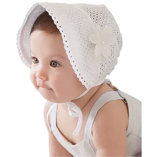 EROSPA® Süßes Baby Mützchen für Mädchen Spitze Häubchen Blume Spitze Sonne Prinzessin weiß