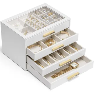 VLANDO Schmuckkästchen mit 4 Ebenen,Schmuckkasten, Schmuck Organizer mit Glasdeckel, für Halsketten, Ohrringe, Uhren, Armbänder, Schmuckaufbewahrung, Modern, Weiß