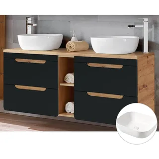 Doppel-Waschtischunterschrank 140 cm mit 2 Keramik-Aufsatzbecken NEW-LUTON seidenmatt anthrazit mit Wotan Eiche Nb. B/H/T ca. 141/76,5/46 cm - Grau