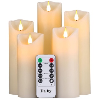 Da by LED Kerzen, flammenlose Kerze 300 Stunden Batterie Dekorative Kerze 5er Set (13cm, 14cm, 16cm, 18cm, 20cm).Die echt blinkende LED-Flamme ist aus Beige Echtwachs gefertigt