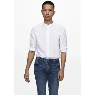 Langarmhemd ONLY & SONS "ONSCAIDEN LS SOLID LINEN MAO SHIRT NOOS", Herren, Gr. S, N-Gr, weiß, Web, Obermaterial: 55% Baumwolle, 45% Leinen, unifarben, slim fit, Rundhals, 2-Knopf-Manschette, Hemden Langarmhemd