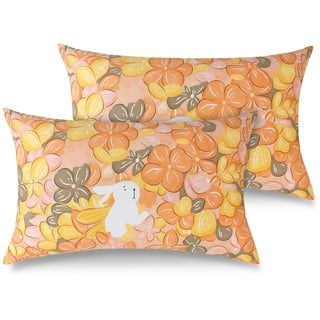 ATsense 2er Set Kissenbezug 80 x 40 cm, 2 Stück - 100% Baumwolle, Kopfkissenbezug mit Reißverschluss, Superweicher Premium und Hypoallergen, ÖkoTex Super Bequemer Kissenhülle(Orange Blumenmuster)