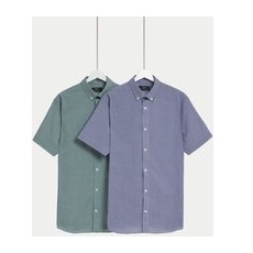 Mens M&S Collection 2pk Regular Fit Easy Iron Checked Shirts - Green Mix, Green Mix - 15