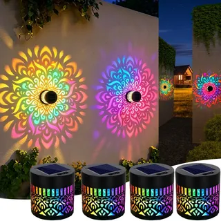 Solarlampen für Außen Mandala, 7 Farbverläufe LED Projektionslampe Wetterfest Wasserdicht Wandleuchten Metallzaunlicht Gartendeko Zaunleuchten für Terassendeko Gartenlaterne Outdoor (4 Stück)