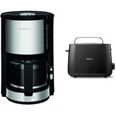 Krups KM3210 Pro Aroma Plus Filterkaffeemaschine | 10 Tassen | 1,25 L Schwarz mit Edelstahlapplikationen & Philips HD2581/90 Toaster, integrierter Brötchenaufsatz, 8 Bräunungsstufen, schwarz