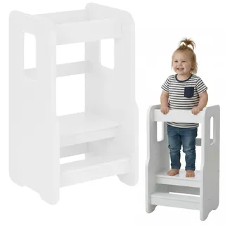 ComfortCove Lernturm ab 1 Jahr, Sicherer & Stabil Tritthocker Kinder, 3-stufig höhenverstellbarer Lernturm für Kinder, Montessori Learning Tower für Kleinkinder, Kinderstuhl Holz, Weiß