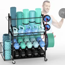 Hantelständer - ZACHVO Hantelablage - Dumbbells Regal 3 Etagen für Home Gym mit Rad, Korb und 8 Haken - 100KG Tragfähigkeit Kurzhanteln Lagerregal für Dumbbells und Yoga Matte, Gurt, Rolle