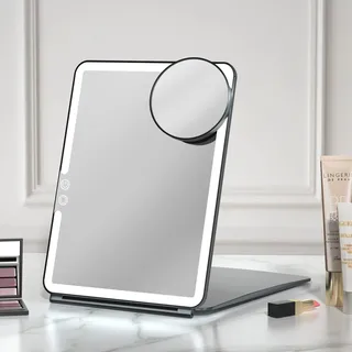 FUNTOUCH USB Wiederaufladbarer Kosmetikspiegel mit Beleuchtung, 1X 10X Spiegel Vergrößerung Reisespiegel mit Licht, 3 Farben Winstellbarer Led Schminkspiegel, Make up Spiegel für Reisen (Schwarz)