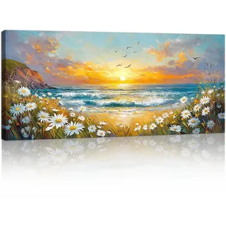 Großes Leinwandbilder Bilder Mit Rahmen, Modern Blaue Meereslandschaft bild auf leinwand Wandkunst Abendrot Wildblumen Meereswelle Wandbilder XXL Kunstdruck Deko für Wohnzimmer Schlafzimmer 120x50cm