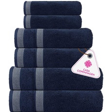 Casa Copenhagen Solitaire 6-teiliges Handtuch-Set – Marineblau, 600 g/m2, 2 Badetücher, 2 Handtücher, 2 Waschlappen aus weicher ägyptischer Baumwolle für Badezimmer, Küche und Dusche