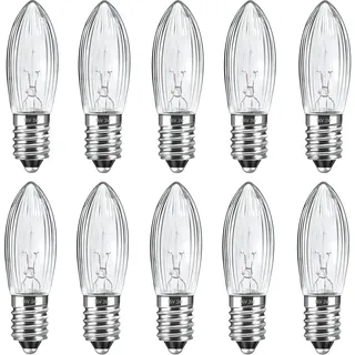Caldarax 10 Stück E10 16V 3W Ersatzbirnen Glühbirne Topkerzen für 15 Schwibbogen, Warmweiß 2700K, 30LM, Klar Riffelkerze Spitzschaftkerze, für Brennstellen, Lichterketten, Schwibbogen, Weihnachtsbaum