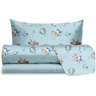 Hermet Jolly, Bettwäsche-Set für Einzelbett, Teddybär, Blau, 100% Baumwolle, Bettlaken + Spannbetttuch + Kissenbezug, Bettwäsche-Set Bär, Kinderzimmer