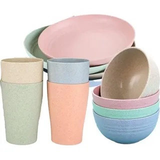 Unbreakable Plastik-Service-Set, 12 Stück Camping-Servietten, leichte Teller, Tassen und Becher, magnetron- und Geschirrspülerbeständig, Set für 4 Personen, ideal für Kinder