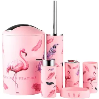 6tlg Badset Badezimmer Zubehör Set Organizer: Seifenspender, Zahnputzbecher, Kosmetikeimer, WC Bürste und Halter, Seifenschale, Mülleimer, Zahnbürstenhalter, Badgarnitur (Flamingo)