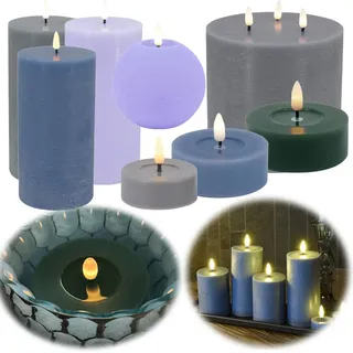 LS-LebenStil Real Flame 3D Stumpenkerze Ribe Rustic Blau 20x10cm Echtwachs flackernde flammenlose Kerzen Akku Batterie optional mit Fernbedienung Timer Dimmer Blockkerze Adventskranz Deko Hochzeit