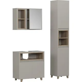 Vicco Badmöbel-Set Elnor, 3 Teile mit Hochschrank, Greige/Eiche - Braun