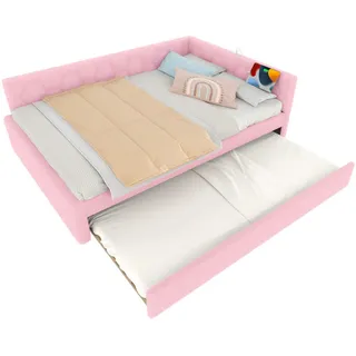 Flieks Tagebett 140x200cm Rosa Vliesimitat Nachttischlampe Ausziehbett Usb-C , Pink , Holz , 140x200 cm , Schlafzimmer, Betten