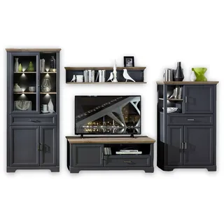Stella Trading JASMIN Wohnwand Komplett-Set in Graphit, Artisan Eiche Optik - Schrankwand mit LED-Beleuchtung für Ihr Wohnzimmer im Landhausstil - 354 x 204 x 51 cm (B/H/T)