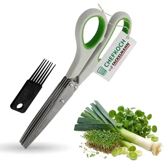 Chefkoch trifft Fackelmann Kräuterschere mit 10 scharfen Edelstahlklingen – Inkl. Bürste & Softgrip-Einsätzen – Ideal zum Zerkleinern von Kräutern – Grau/Grün & Schwarz