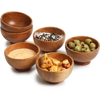 LAVAUX Designs Set mit 6 kleinen Schalen aus Akazienholz | je 120 ml |Handgefertigte Küchenbecher aus Holz zum Servieren von Dips, Saucen, Nüssen, Süßigkeiten und Gewürzen | Süße Mini-Tassen| 8 x 5 cm