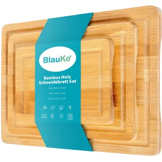 Schneidebrett Holz 3er Set - Bambus Holzschnedebrett mit Saftrille & Griff | Küchenbretter ohne Plastik, Servierbrett aus Holz, Frühstücksbrettchen, Brotbrett, Holzbrett Küche, 38x25 | 30x20 | 22x15 cm