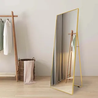 AUFHELLEN 140x50cm Standspiegel mit Gold Metallrahmen Ganzkörperspiegel | Rahmen aus Aluminiumlegierung, Gehärtetes Glas, Stehend Lehnend oder Hängend an der Wand für Schlafzimmer, Wohnzimmer Flur