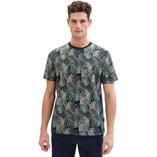 TOM TAILOR Herren Basic T-Shirt mit sommerlichem Muster, 35095 - Navy Multicolor Leaf Design, XL