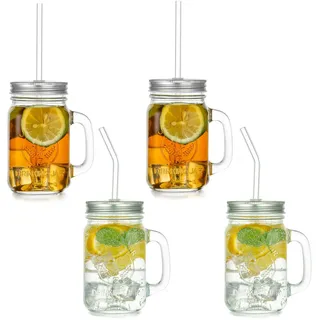 Glas Trinkgläser Mit Deckel und Strohhalm, Vintage Einmachgläser 500ml 4er Mason Jar Wide Mouth Henkelglas Wiederverwendbar Aufbewahrung Smoothie Müsli Oats Dessert Bubbletea Coffee Joghurt Party