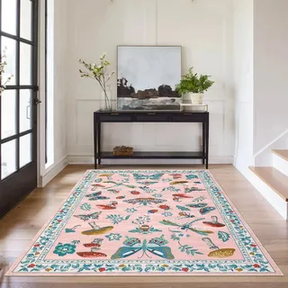 CAROMIO Schmetterlings Teppich Wohnzimmer 140x200 cm Kurzflor Altrosa