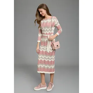 Strickkleid LAURA SCOTT "für Frühling und Sommer", Damen, Gr. 36, N-Gr, beige, rosa, Strick, Obermaterial: 50% Baumwolle, 50% Polyacryl, gemustert, lässig geschnitten ca. Mitte Wade, Rundhals, Kleider Strickkleid, mit modernem Muster und Bindeband in der Taille