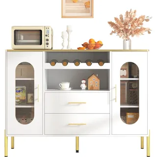 Modernes weißes Sideboard mit Glasfronten und Weinregal, verstellbaren Füßen, für Wohn- und Esszimmer mit viel Stauraum - Weiß, Gold