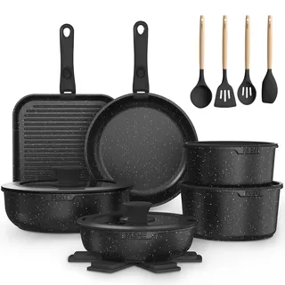 yashe 21-teiliges Topf- und Pfannenset mit abnehmbaren Griffen - Antihaftbeschichtung, induktionsgeeignet, backofenfest und spülmaschinenfest, stapelbar