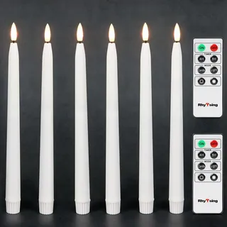 Rhytsing 6er LED Stabkerzen mit Timerfunktion, Weiße flammenlose Spitzkerzen mit Echtwachs-Finish, H 28 cm, inkl. 2 Fernbedienungen