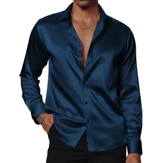 PJ PAUL JONES Herren Glänzende Satin Kleid Shirts Langarm Button Down Seide Hemd mit Fliege, Marineblau, L
