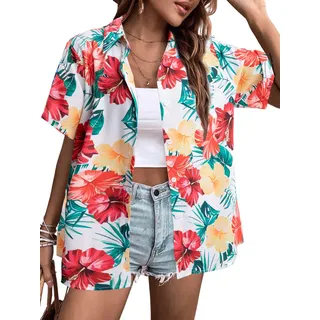 MYHALF Hawaii-Hemd für Damen, weich, kühl, Sommer, Hawaii-Hemden, Blumenmuster, tropischer Druck, V-Ausschnitt, kurzärmelig, Knopfleiste, Rot/Gelb mit Blumenmuster, XX-Large