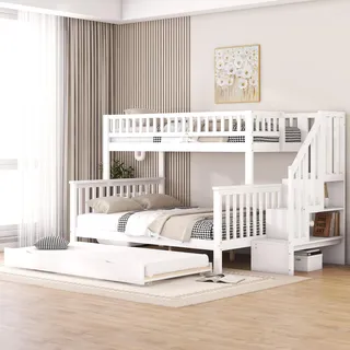 Merax Etagenbett 90x200/140x200/90x190cm Ausziehbett mit Treppe, Erweiterbares Hausbett Kieferholz Kinderbett Dreierbett Unterbett, Weiß - Weiß