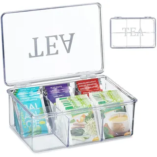 Relaxdays Teebox, Kunststoff, 6 Fächer, Teekasten mit Deckel, HBT: 9 x 21,5 x 15 cm, Teebeutel Aufbewahrung, transparent