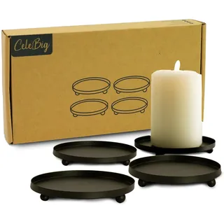 CeleBig Kerzenuntersetzer 4er Set | Ø12cm und 2cm hoch | Elegante Untersetzer mit 3 rutschfesten Füßchen | Ideal für Stumpenkerzen und Teelichter | Schutz für Oberflächen | Stilvolle Deko | Schwarz